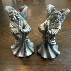 7” Angel Taper Candle Holders Set Of Two Antique Polished Pewter Metal Vintage